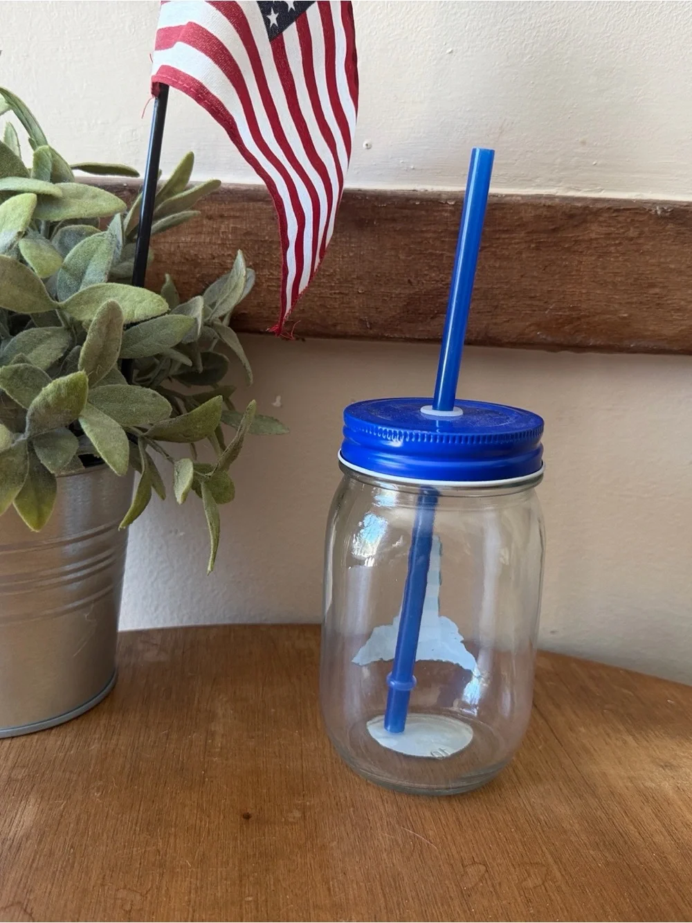 Blue Mason Jar Tumbler with Straw - Nautical Lighthouse Design